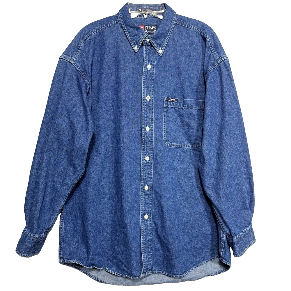 Vintage Chaps Ralph Lauren Shirt Mens L Blue Denim Oversized Button Up Western